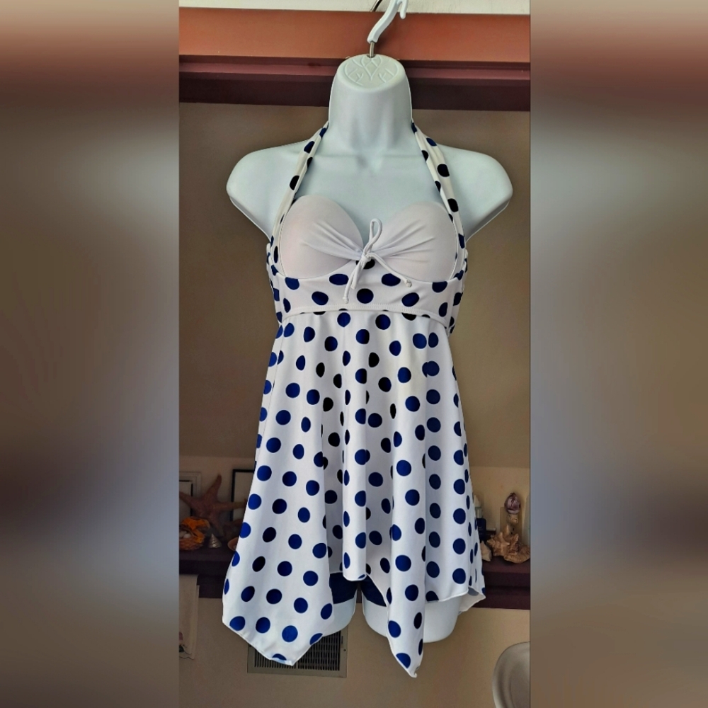 NWOT G TWITTER Tankini Blue Polka Dotted 2-piece Bathing Suit Halter Top Swim